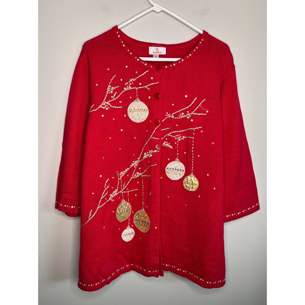 Quacker Factory Red Gold White Pearls Ornaments Glitter Christmas Cardigan 2X